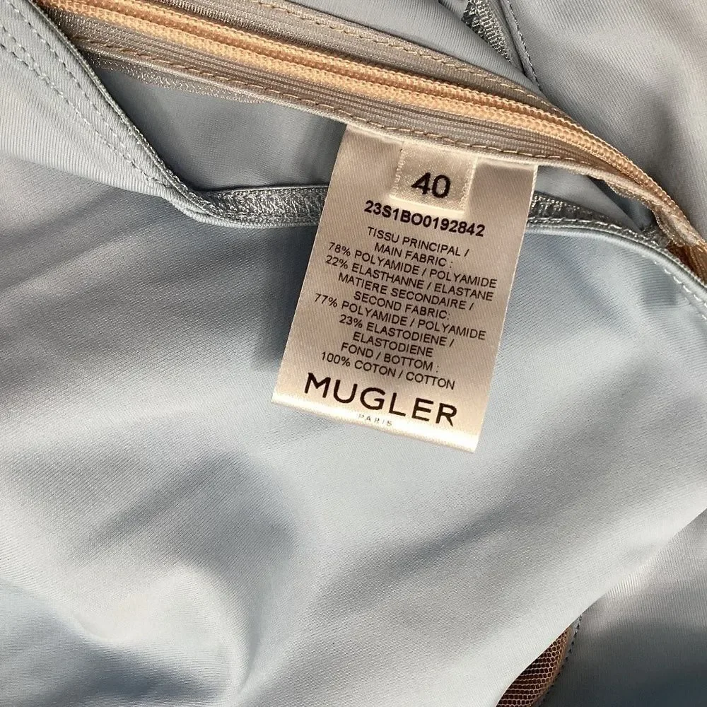 Mugler Illusion Cutout Bodysuit –‎ Light Blue Mesh, Size 8 | NWT